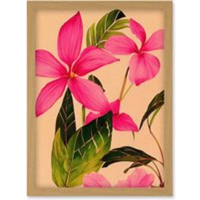 Exotic Pink Plumeria Flower Plant Blooms Watercolour Pencil Illustration Artwork Framed Wall Art Print A4 - Light Oak - One Size