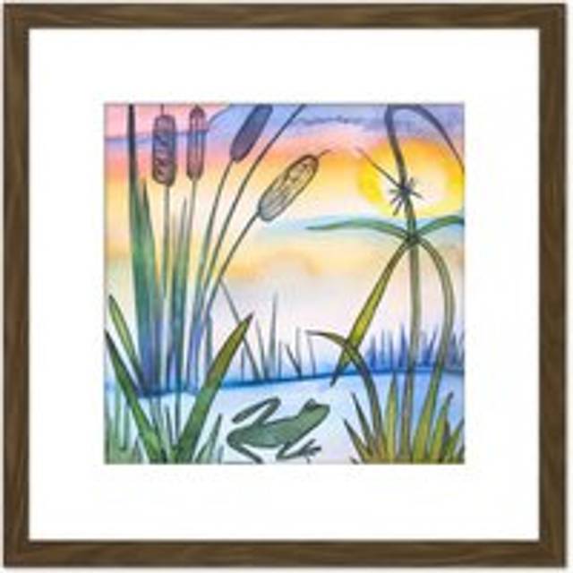 Frog and Bulrushes Pond Wildlife at Sunrise Sunset Oil Painting Square Wooden Framed Wall Art Print Picture 8X8 Inch - Brown - One Size