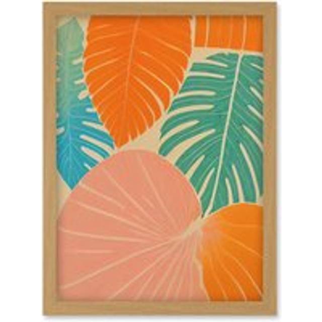 Tropical Monstera Leaf Jungle Pastel Botanical Artwork Framed Wall Art Print A4 - One Size - Tan