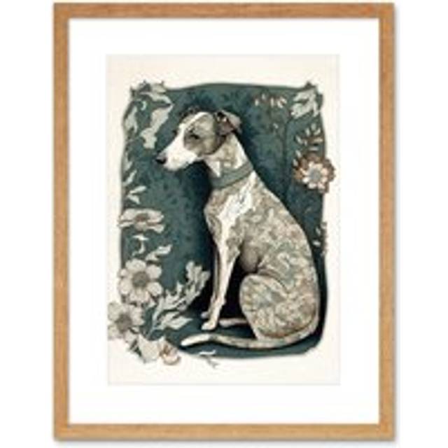 Wall Art Print Whippet Dog with Floral Pattern Fur Coat Art Nouveau Inspired Watercolour Artwork Framed 9X7 Inch - Beige - W7 inch x H9 inch