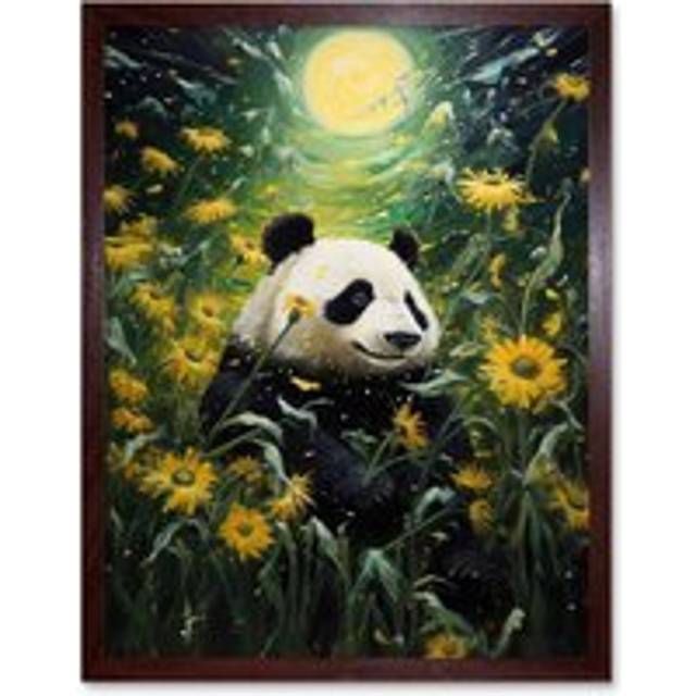Wall Art Print Midsummer Night's Panda Dream Oil Painting Panda Bear in a Full Moon Sunflower Field Landscape Kids Bedroom Art Framed - Brown - W12 in - W12 inch x H16 inch