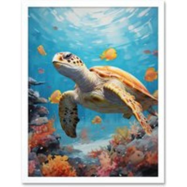 Wall Art Print Loggerhead Sea Turtle in Coral Reef Bright Detailed Artwork Caretta Swimming with Yellow Striped Fish Art Framed - White - W12 inch x H - W12 inch x H16 inch