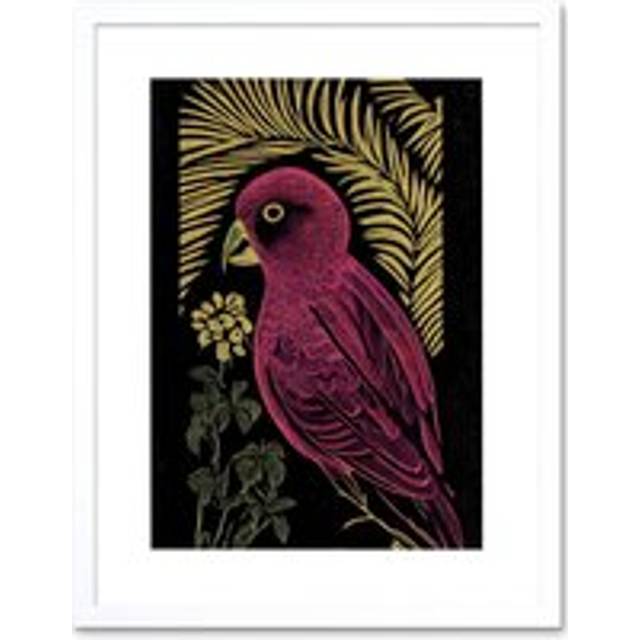 Wall Art Print Pink Parrot Bird Black Gold Tropical Plants Modern Vintage Linocut Artwork Framed 9X7 Inch - White - W7 inch x H9 inch