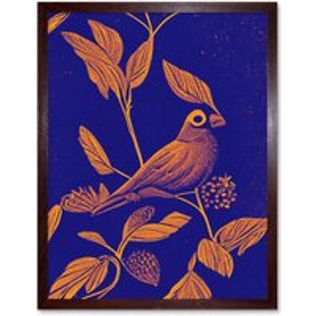 Wall Art Print Vintage Art Nouveau Pattern Detail Tropical Bird On Branch Linocut Art Framed - Brown - W12 inch x H16 inch
