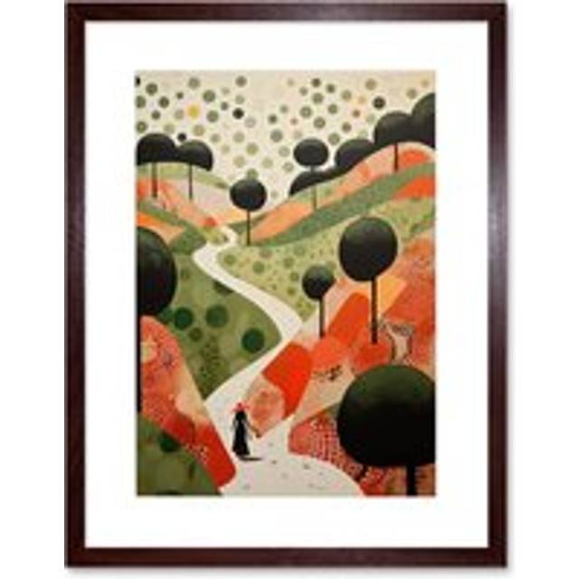Wall Art Print Walk on the Countryside Hill Path Folk Art Oil Painting Red Orange Green Abstract Landscape Artwork Framed 9X7 Inch - Brown - W7 inch x - W7 inch x H9 inch