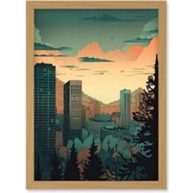 Skyscrapers by Forest Urban Architecture Landscape Artwork Framed Wall Art Print A4 - Tan - One Size