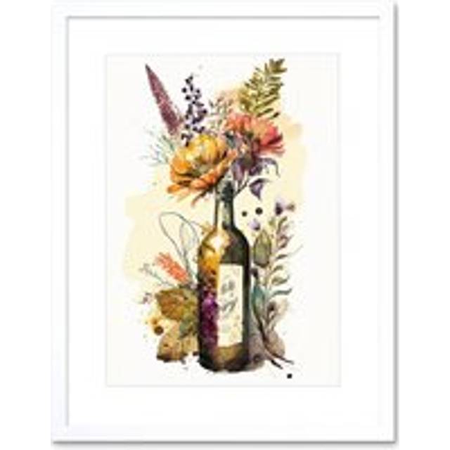 Wall Art Print Wildflower Bouquet in Upcycled Glass Wine Bottle Artwork Framed 9X7 Inch - White - W7 inch x H9 inch