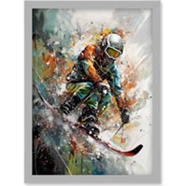 Skier Skiing Winter Sport Paint Splat Painting Artwork Framed Wall Art Print A4 - Grey - One Size