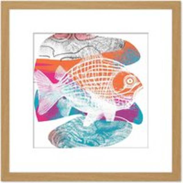 Abstract Swimming Fish Pastel Sketch Illustration Orange Blue Patterns Square Wooden Framed Wall Art Print Picture 8X8 Inch - Tan - One Size