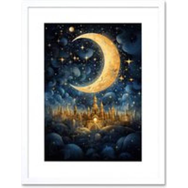 Wall Art Print Golden City in the Clouds Surreal Artwork Blue Gold Crescent Moon Starry Night Fairytale Artwork Framed 9X7 Inch - White - W7 inch x H9 inch