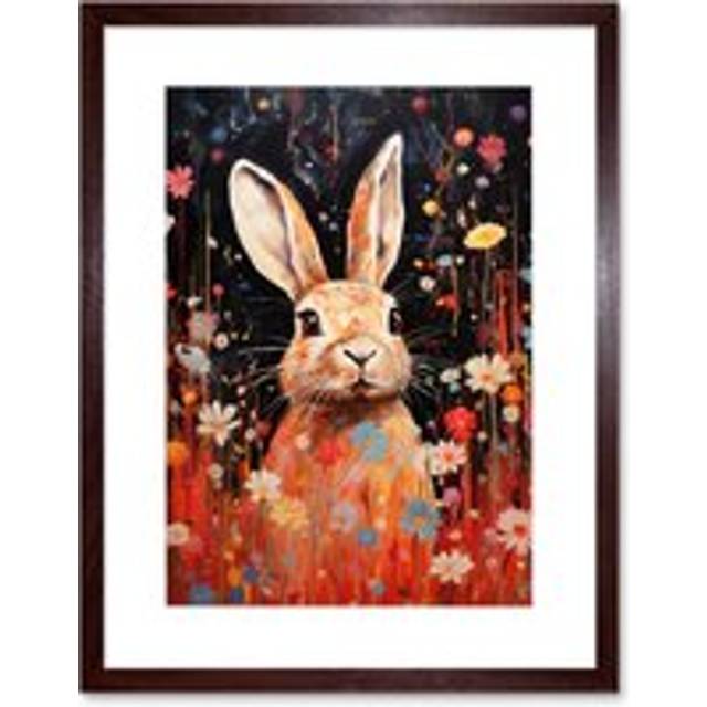 Wall Art Print Spring Bliss Oil Painting Cute Bunny Rabbit in a Daisy Flower Meadow Kids Bedroom Artwork Framed 9X7 Inch - Brown - W7 inch x H9 inch