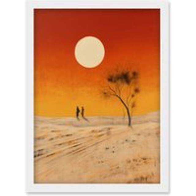 Wall Art Print Desert Landscape Sunset Sun Oil Painting Amber Orange Yellow Windswept Dunes Artwork Framed A4 - White - A4
