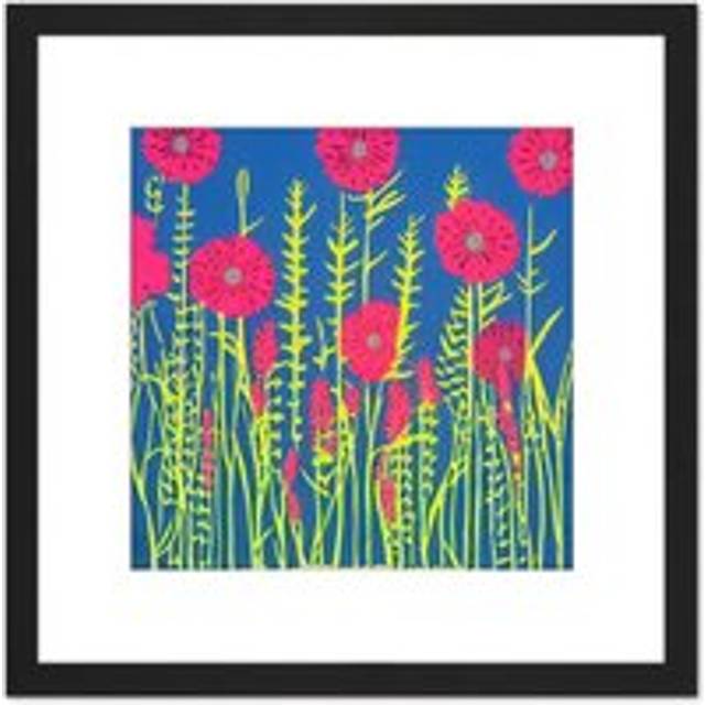 Meadow Wild Flowers Floral Painting Yellow Blue Purple Pink Green Square Wooden Framed Wall Art Print Picture 8X8 Inch - Black - One Size