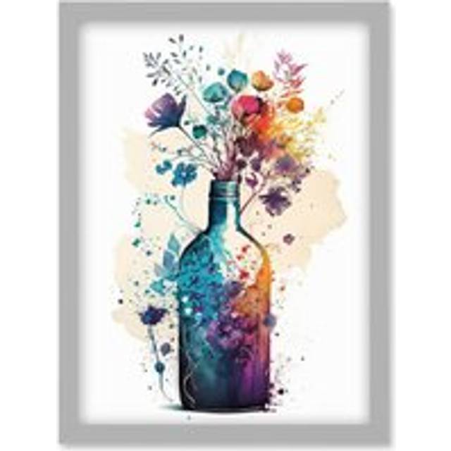 Wildflower Spring Bouquet in Glass Wine Bottle Artwork Framed Wall Art Print A4 - Grey - One Size