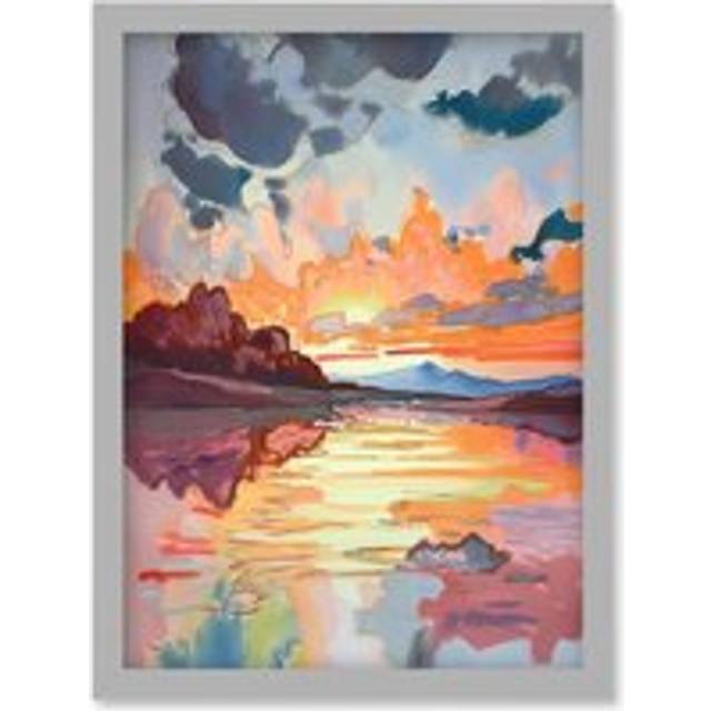 Dawn Break Atmospheric Clouds Over Mono Lake Modern Watercolour Painting Artwork Framed Wall Art Print A4 - Grey - One Size