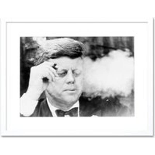 President John Kennedy Smoking Cigar JFK Black and White Vintage Photograph Artwork Framed Wall Art Print 12X16 Inch - One Size
