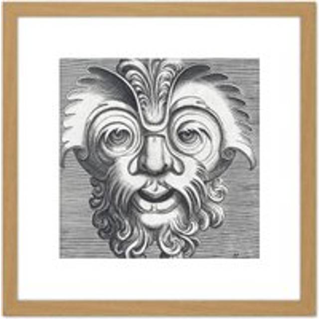 Huys 1555 Decorative Mask Design Ornamental Engraving 8X8 Inch Square Wooden Framed Wall Art Print Picture with Mount - Tan - One Size
