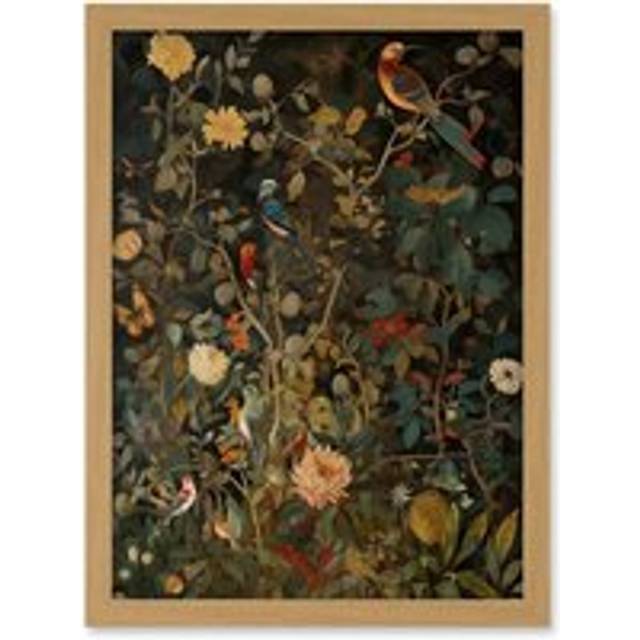 Audubon Style Birds in Spring Flower Field Modern Artwork Framed Wall Art Print A4 - Tan - One Size