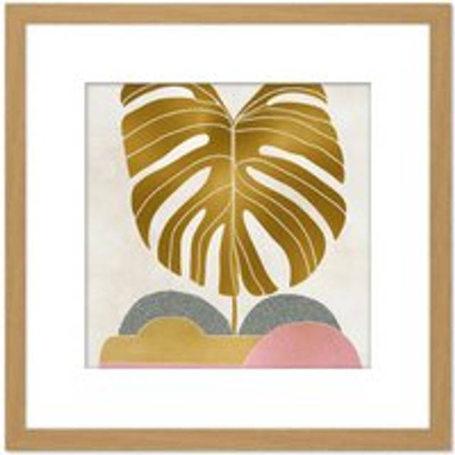 Gold Monstera Cheese Plant Leaf Plant Boho Bohemian Simple Style Painting Square Wooden Framed Wall Art Print Picture 8X8 Inch - Tan - One Size