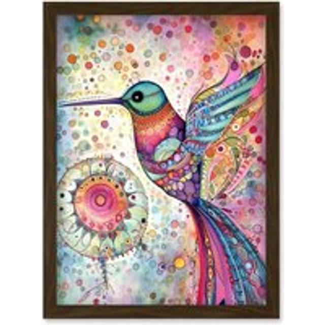 Hummingbird With Mandala Patterns Colourful Folk Art Watercolour Painting Artwork Framed Wall Art Print A4 - Brown - One Size