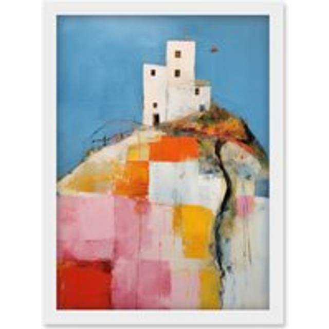 Wall Art Print House on the Hill Oil Painting Abstract Geometric Patchwork Palette Knife Pastel Colour Rural Landscape Artwork Framed A4 - White - A4