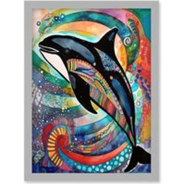 Orca Jumping Out Of Sunset Colour Waves Folk Art Artwork Framed Wall Art Print A4 - Grey - One Size