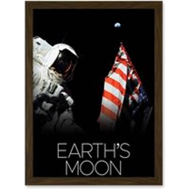 NASA Our Solar System Moon Apollo 17 Moonwalk American Flag Artwork Framed Wall Art Print A4 - Brown - One Size