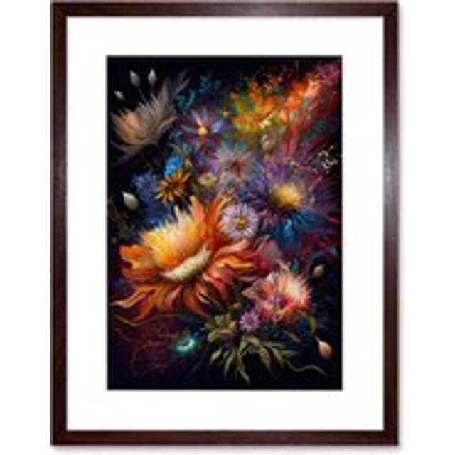 Wall Art Print Wildflower Bouquet Pink Blue Orange Floral Artwork Framed 9X7 Inch - Brown - W7 inch x H9 inch