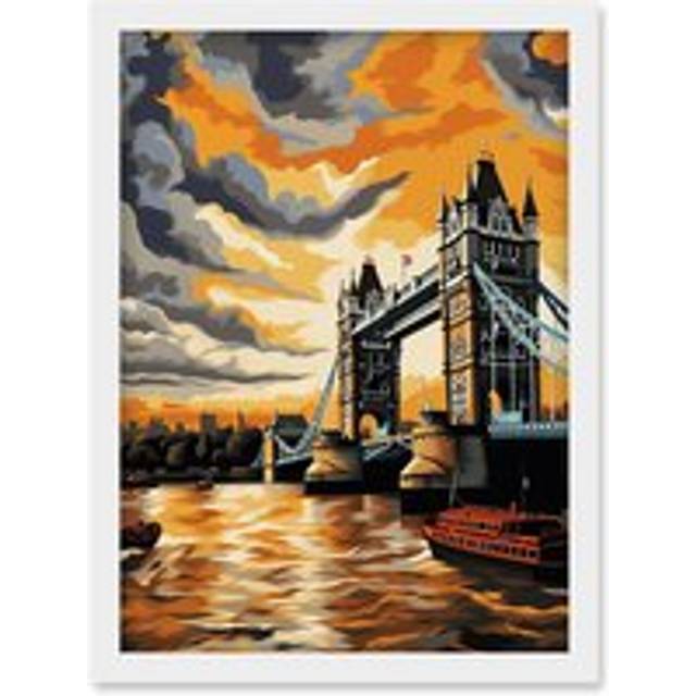 Wall Art Print London Tower Bridge Dramatic Sunset Sky Artwork Orange Grey River Thames Riverboat England Clouds Artwork Framed A4 - White - A4