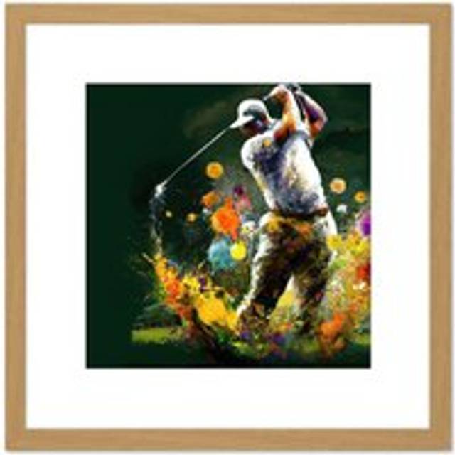 Golfer Golf Course Golfing Sport Oil Painting Swing Out of Bunker Green Yellow Painting Square Wooden Framed Wall Art Print Picture 8X8 Inch - Tan - O - One Size
