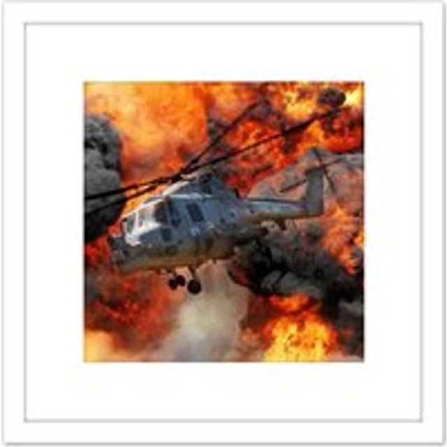Jenkins Military UK Lynx Mk8 Helicopter Fire Smoke Photo 8X8 Inch Square Wooden Framed Wall Art Print Picture with Mount - White - One Size