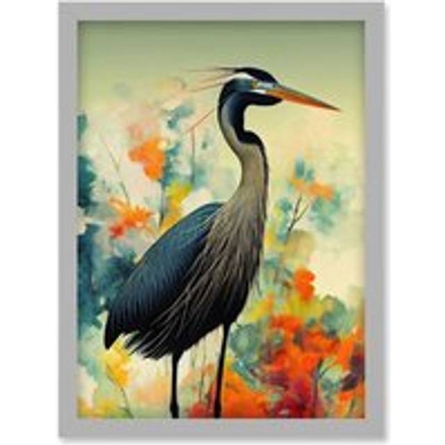 Heron Bird in Abstract Flower Field Colourful Teal Orange Navy Illustration Artwork Framed Wall Art Print A4 - Grey - One Size