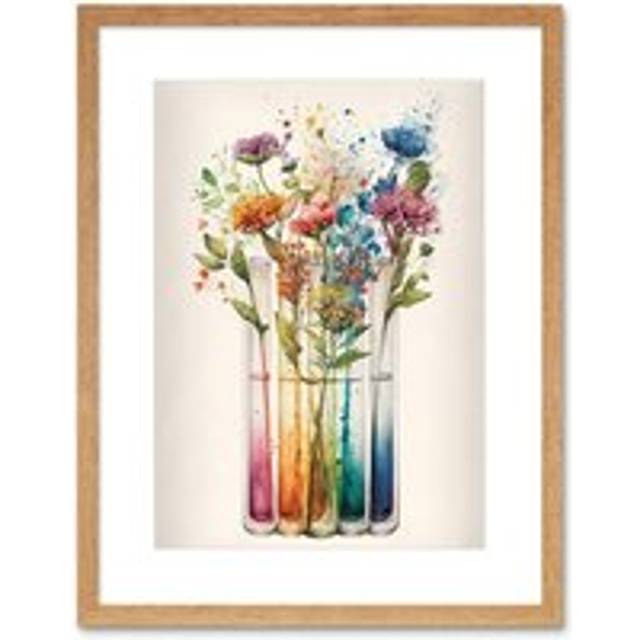 Wall Art Print Wildflower Glass Test Tubes Rainbow Colour Water Artwork Framed 9X7 Inch - Beige - W7 inch x H9 inch