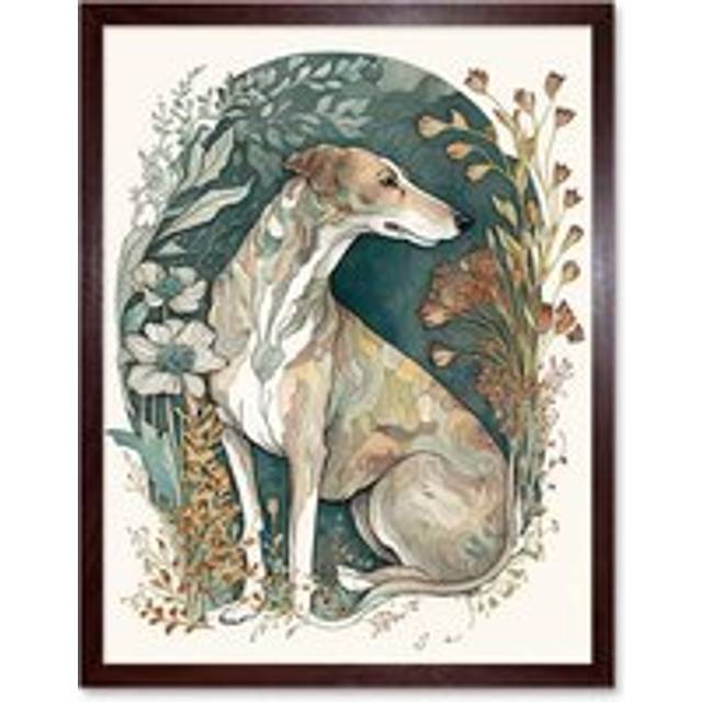 Wall Art Print Greyhound Dog in Flower Field Modern Pastel Boho Watercolour Art Framed - Brown - W12 inch x H16 inch