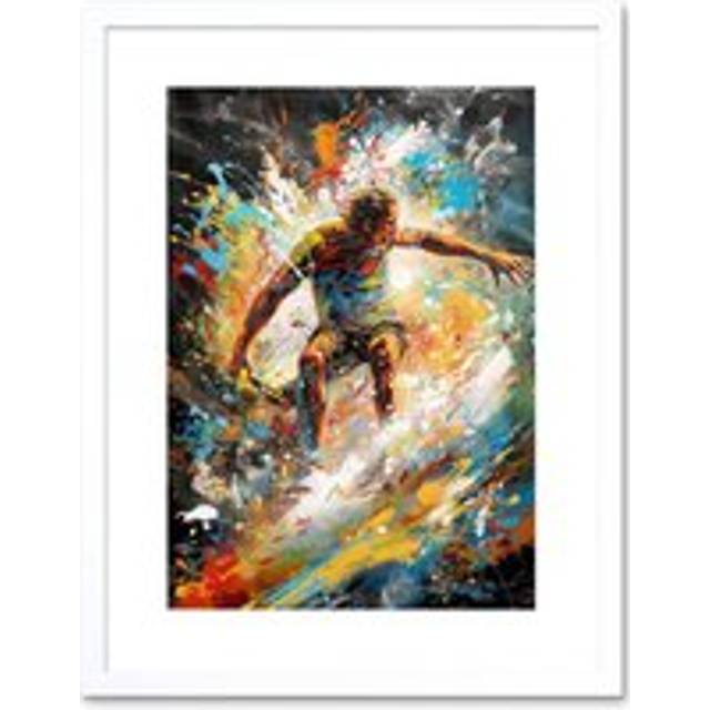 Wall Art Print Surfer Surfing on Crashing Waves Splatter Paint Artwork Framed 9X7 Inch - White - W7 inch x H9 inch