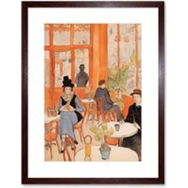 Wall Art Print A Bustling Parisian Cafe in the Style of Toulouse Lautrec Paris French Orange Artwork Framed 9X7 Inch - Brown - W7 inch x H9 inch