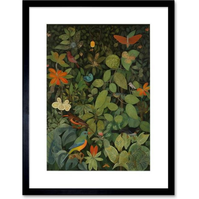 Wall Art Print Audubon Style Birds and Insects in Jungle Artwork Framed 9X7 Inch - Black - W7 inch x H9 inch