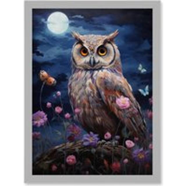 Wall Art Print Majestic Owl Portrait Oil Painting Great Horned Purple Pink Blue Full Moon in Spring Meadow with Wildflowers Artwork Framed A4 - Grey -
