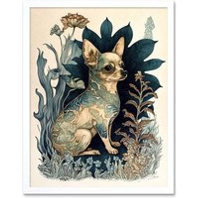 Wall Art Print Chihuahua Dog With Floral Pattern Fur Coat Modern Portrait in Flower Field Art Framed - White - W12 inch x H16 inch