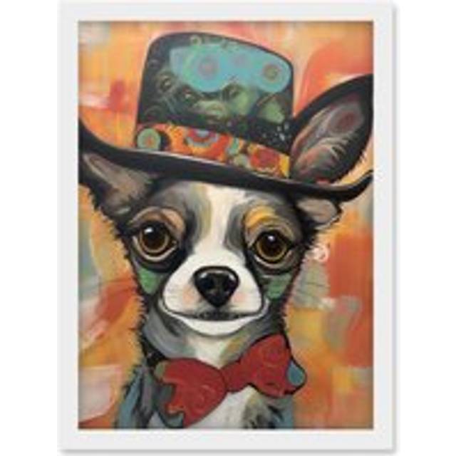 Chihuahua Dog Top Hat and Bowtie Modern Folk Art Artwork Framed Wall Art Print A4 - White - One Size