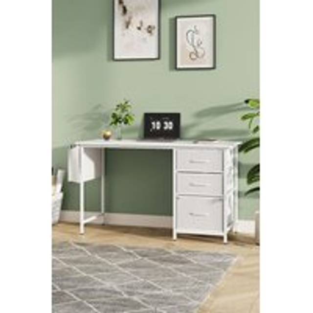 Living And Home Compact Computer Desk With Fabric Drawers And Side Storage Bag In White - One Size