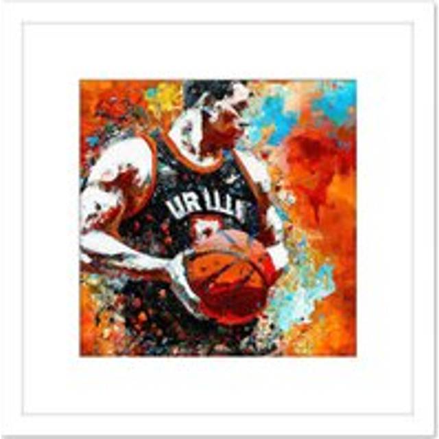Basketball Player Sport Vibrant Painting Orange Black Blue Square Wooden Framed Wall Art Print Picture 8X8 Inch - White - One Size