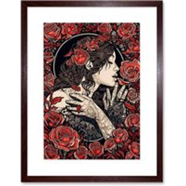 Wall Art Print Kiss from a Rose Red and Black Floral Artwork Framed 9X7 Inch - Brown - W7 inch x H9 inch