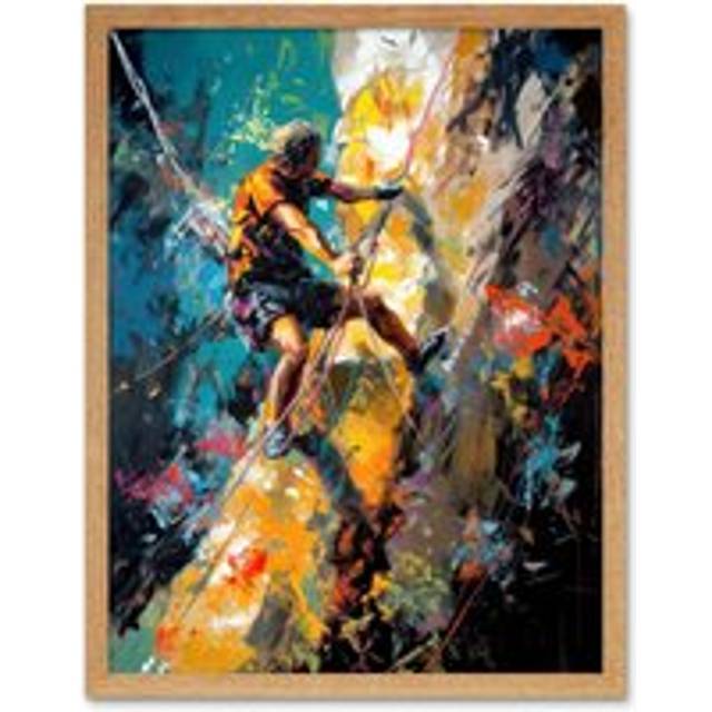 Wall Art Print Rock Climber Climbing Multicoloured Mountain Cliff Art Framed - Tan - W12 inch x H16 inch