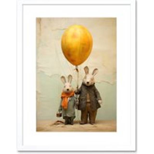 Wall Art Print Cute Nursery Artwork Rabbits and Balloon Adventure Oil Painting Artwork Framed 9X7 Inch - White - W7 inch x H9 inch