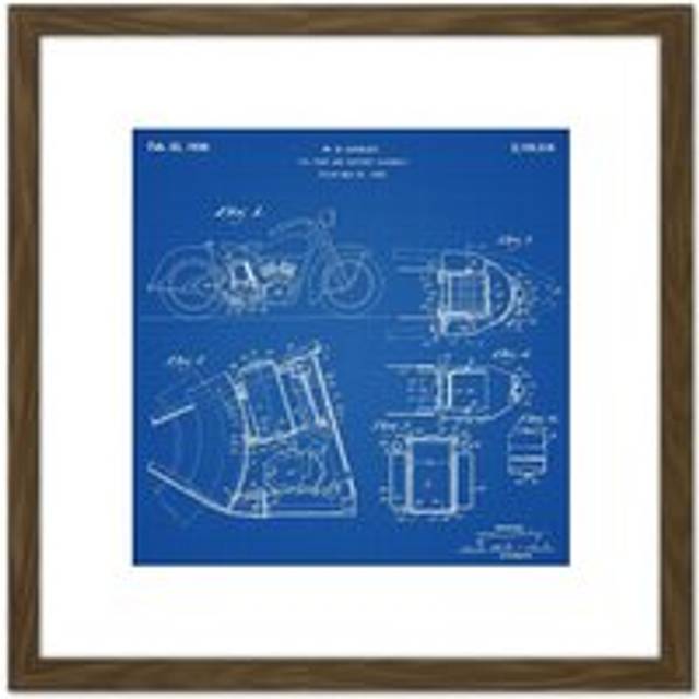 Harley Motor Cycle Bike Oil vest & Battery Assembly 1938 Patent Plan 8X8 Inch Square Wooden Framed Wall Art Print Picture with Mount - Brown - One Siz - One Size