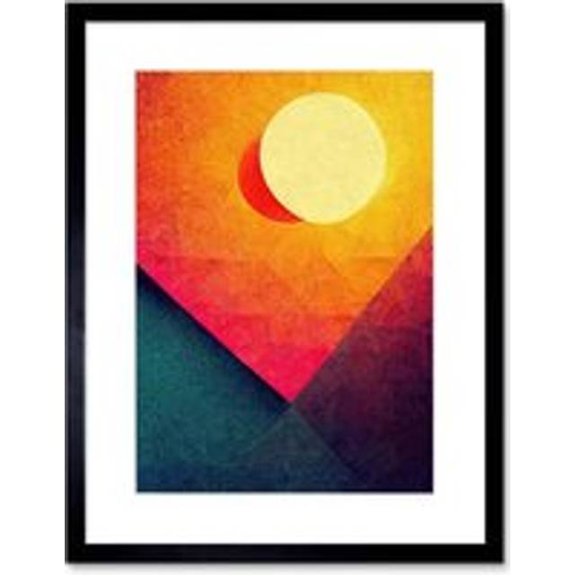 Wall Art Print Abstract Geometric Retro Eclipse Moon Sun Yellow Pink Teal Colourful Sunset Artwork Framed 9X7 Inch - Black - W7 inch x H9 inch