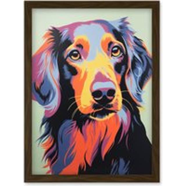 Wall Art Print Long Haired Dachshund Dog Colourful Artwork Orange Blue Purple Pet Portrait Cute Artwork Framed A4 - Brown - A4