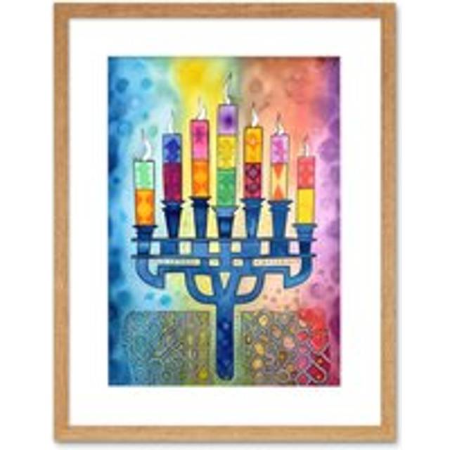 Wall Art Print Jewish Menorah Candles Multicolour Folk Art Watercolour Painting Artwork Framed 9X7 Inch - Beige - W7 inch x H9 inch