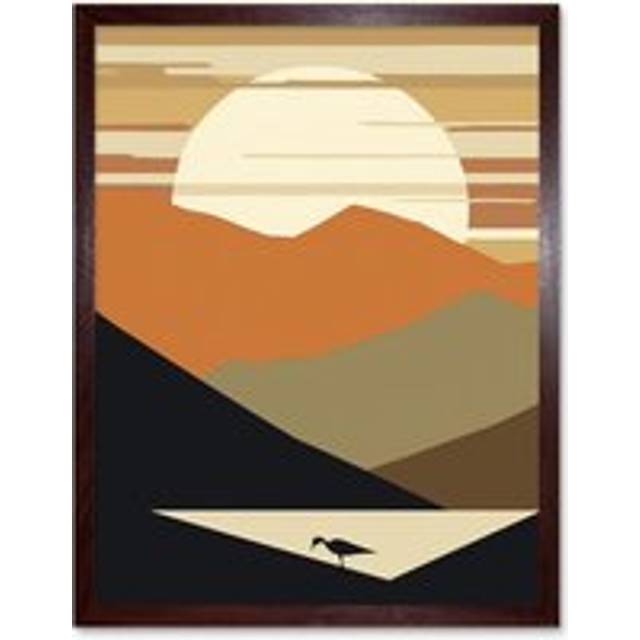 Wall Art Print Lakeside Mountain Sunset Boho Minimalism Landscape Art Framed - Brown - W12 inch x H16 inch